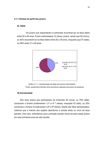 30




4.1.1 Síntese do perfil dos jovens


   A) Idade


              Os jovens que responderam à entrevista encontram-se na faixa etária
   entre 20 a 40 anos. Foram entrevistados 12 (doze), jovens, sendo que 05 (cinco),
   ou 42% encontram-se na faixa etária entre 20 a 30 anos, enquanto que 07 (sete),
   ou 58% entre 31 a 40 anos.




                                                    42%         Jovens de 20 a 30
                                                                anos
                                                                Jovens de 31 a 40
                           58%                                  anos




                 Gráfico 4.1.1: caracterização da idade dos jovens entrevistados
              Fonte: questionário fechado sócio-econômico aplicado aos jovens da pesquisa.


   B) Escolaridade


      Dos doze jovens que participaram da entrevista 09 (nove), ou 75% deles,
concluíram o Ensino fundamental I (1ª a 4ª ª séries), enquanto 03 (três), ou 25%
concluíram o Ensino Fundamental II (5ª a 8ª séries). Diante dos fatos apresentados,
notamos que a maioria dos sujeitos abandonou a escola ainda no início de seus
estudos. Com isso, entendemos que a exclusão escolar iniciou-se para esses jovens
em seus primeiros anos da vida escolar.
 