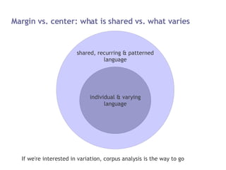 Margin vs. center: what is shared vs. what varies If  we're interested in variation, corpus analysis is the way to go shar...