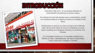 Corporación Vega S.A.C., es una empresa dedicada a la
comercialización de productos de consumo masivo.
Su comienzo fue como toda empresa nueva y emprendedora, empezó
con una tienda ubicada en el distrito de Comas en la localidad de Año
Nuevo.
Posteriormente se apertura una nueva sucursal en la Av. Belaunde
Oeste 198 del mismo distrito de Comas convirtiéndose en la sede
central, iniciándose así el despegue comercial y el crecimiento de la
Empresa.
En La Actualidad contamos con 13 sucursales ubicadas en los
Distritos de: Callao, Callao(Bellavista), San Martin, Puente Piedra,
Comas, Santa Anita, Carabayllo y Chorrillos.
 