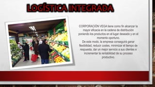 CORPORACIÓN VEGA tiene como fin alcanzar la
mayor eficacia en la cadena de distribución
poniendo los productos en el lugar deseado y en el
momento oportuno.
De este modo, la empresa conseguirá ganar
flexibilidad, reducir costes, minimizar el tiempo de
respuesta, dar un mejor servicio a sus clientes e
incrementar la rentabilidad de su proceso
productivo.
 
