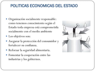 POLITICAS ECONOMICAS DEL ESTADO


 Organización socialmente responsable:
    como tenemos conocimiento según el
    Estado toda empresa está comprometida
    socialmente con el medio ambiente
   Los objetivos son:
   Asegurar la protección del consumidor y
    fortalecer su confianza.
   Reforzar la seguridad alimentaria.
   Fomentar la cooperación entre las
    industrias y los gobiernos.
 