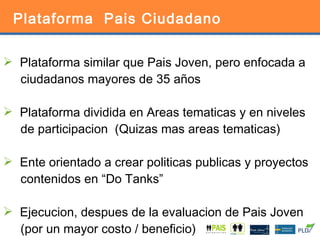 Plataforma  Pais Ciudadano Plataforma similar que Pais Joven, pero enfocada a  ciudadanos mayores de 35 años Plataforma dividida en Areas tematicas y en niveles  de participacion  (Quizas mas areas tematicas) Ente orientado a crear politicas publicas y proyectos  contenidos en “Do Tanks” Ejecucion, despues de la evaluacion de Pais Joven  (por un mayor costo / beneficio)  