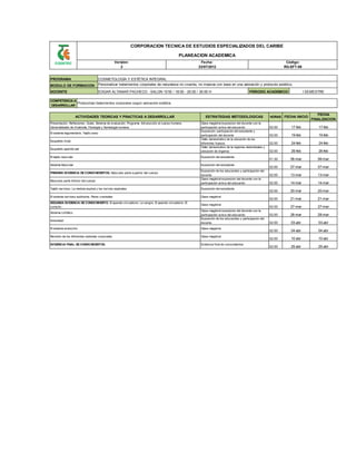 06-mar
Clase magistral
PRIMERA EVIDENCIA DE CONOCIMIENTOS. Músculos parte superior del cuerpo
Exposición del estudiante
14-mar
20-mar
21-mar
Exposición del estudiante
02:00
02:00
Exposición de los educandos y participación del
docente
SEGUNDA EVIDENCIA DE CONOCIMIENTO. El aparato circulatorio: La sangre. El aparato circulatorio: El
corazón.
Exposición de los educandos y participación del
docente
Tejido nervioso. La medula espinal y los nervios espinales.
El sistema nervioso autónomo. Pares craneales. Clase magistral
CORPORACION TECNICA DE ESTUDIOS ESPECIALIZADOS DEL CARIBE
PLANEACION ACADEMICA
Versión:
COSMETOLOGÍA Y ESTÉTICA INTEGRAL
Exposición del estudiante
I SEMESTREDOCENTE
Esqueleto apendicular
Sistema Muscular
MODULO DE FORMACION
02:00
Clase magistral exposicion del docente con la
participación activa del educando
Exposición: participación del estudiante y
participación del docente
Taller demostrativo de la ubicación de los
diferentes huesos
Taller demostrativo de la regiones abdominales y
ubicación de órganos
El sistema endocrino. Clase magistral
Clase magistral
Inmunidad
2
17-feb
19-feb
Fecha:
23/07/2012
Código:
Presentación. Reflexiones. Guías. Sistema de evaluación. Programa. Introducción al cuerpo humano.
Generalidades de Anatomía, Fisiología y Semiología humana.
El sistema tegumentario. Tejido oseo.
RG-EFT-09
17-feb
04-abr
PROGRAMA
Personalizar tratamientos corporales de naturaleza no cruenta, no invasiva con base en una valoración y protocolo estético.
07-mar
14-mar
07-mar
13-mar
COMPETENCIA A
DESARROLLAR
Protocolizar tratamientos corporales según valoración estética
ACTIVIDADES TEORICAS Y PRACTICAS A DESARROLLAR
03-abr
02:00
02:00
02:00
02:00
02:00 13-mar
26-feb
19-feb
24-feb
EDGAR ALTAMAR PACHECO - SALON 101B / 18:00 - 20:00 / 30:00 H
26-feb
Clase magistral exposicion del docente con la
participación activa del educando
HORAS
FECHA
FINALIZACION
24-feb
PERIODO ACADEMICO
Músculos parte inferior del cuerpo
El tejido muscular.
ESTRATEGIAS METODOLOGICAS FECHA INICIO
02:00
02:00
02:00
02:00
02:00
01:30 06-mar
25-abr
02:00
20-mar
Sistema Linfático
Clase magistral exposicion del docente con la
participación activa del educando
04-abr
21-mar
27-mar
28-mar
03-abr
Evidencia final de conocimientos
27-mar
28-mar
Esqueleto Axial.
Revisión de los diferentes sistemas corporales.
EVIDENCIA FINAL DE CONOCIMIENTOS.
10-abr 10-abr
02:00 25-abr
 
