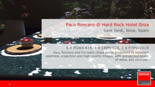 1111
6 x PGWX-61B, 1 x CRPN-52B, 1 x PJWU-101B
Paco Roncero and his team chose Barco projectors to establish
seamless projection and high-quality images with unmatched levels
of detail and contrast.
Paco Roncero @ Hard Rock Hotel Ibiza
Sant Jordi, Ibiza, Spain
 