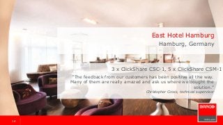 1414
3 x ClickShare CSC-1, 5 x ClickShare CSM-1
“The feedback from our customers has been positive all the way.
Many of them are really amazed and ask us where we bought the
solution.”
Christopher Gross, technical supervisor
East Hotel Hamburg
Hamburg, Germany
 