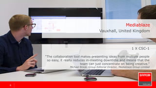 66
Mediablaze
Vauxhall, United Kingdom
“The collaboration tool makes presenting ideas from multiple people
so easy, it really reduces in-meeting downtime and means that the
team can just concentrate on being creative.”
Michael Brook, Editorial Director
1 x ClickShare CSC-1
 