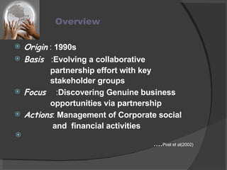 Overview Origin   :  1990s Basis   : Evolving a collaborative partnership effort with key  stakeholder groups Focus  : Discovering Genuine business  opportunities via partnership Actions :  Management of Corporate social  and  financial activities .... Post et al(2002)  