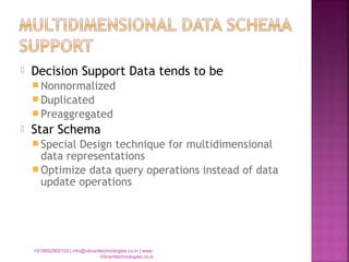  Decision Support Data tends to be
 Nonnormalized
 Duplicated
 Preaggregated
 Star Schema
 Special Design technique for multidimensional
data representations
 Optimize data query operations instead of data
update operations
+919892900103 | info@vibranttechnologies.co.in | www.
Vibranttechnologies.co.in
 