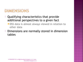  Qualifying characteristics that provide
additional perspectives to a given fact
 DSS data is almost always viewed in relation to
other data
 Dimensions are normally stored in dimension
tables
+919892900103 | info@vibranttechnologies.co.in | www.
Vibranttechnologies.co.in
 