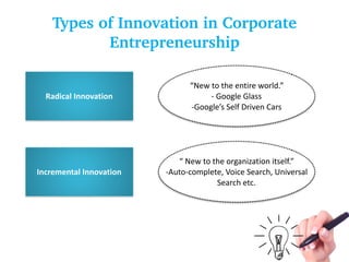How they are different ?
Radical	Innovation Incremental	Innovation
Requires	new	competencies,	skills	&	
expertise
Risk	is	...