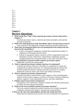 21. c.
22. c.
23. c.
24. a.
25. a.
26. b.
27. d.
28. c.
29. c.
30. a.
Chapter 2
Review Questions
1. What are the three “legs” of the corporate governance structure discussed in
Chapter 2?
Corporate governance aspects, corporate governance principles, and corporate
governance functions.
2. What is the underlying focus of the shareholder aspect of corporate governance?
Value creation for the shareholder through corporate governance effectiveness.
3. What types of managerial failures prevent management from acting in the best
interest of the shareholders?
• Failure of managerial competence resulting from unintentional mistakes or
negligence in discharging fiduciary duties.
• Failures of managerial integrity caused by willful or opportunistic behaviors
(fraudulent activities, fabrications, embezzlement, illegitimate earnings
management) that have detrimental effects on the value of the firm’s assets.
4. Value protection is the goal of which corporate governance aspect?
Stakeholder corporate governance aspect.
5. What is corporate governance resilience and how is it maintained?
Corporate governance resilience is the ability of a corporation to sustain and
recuperate from setbacks and abuses. It is maintained through the internal and
external mechanisms that the corporate governance structure of a company
implements to prevent, detect, and correct such setbacks and abuses.
6. What is corporate governance responsiveness?
Corporate governance responsiveness is the company’s timely and appropriate
response to the concerns, requests, or desires of investors, customers, employees,
auditors, suppliers, social responsibility activists, and other stakeholders.
7. Explain corporate governance transparency.
Transparency is the notion that a company is openly and coherently disclosing to
the public relevant corporate information.
8. What are the seven essential corporate governance functions?
The seven essential corporate governance functions are oversight, managerial,
compliance, internal audit, advisory, external audit, and monitoring.
9. What are the roles and responsibilities of inside and outside directors?
Inside directors usually provide executive services considered to be important in
15
Downloaded by Amarantha Finkelstein (balanceshillamae@gmail.com)
lOMoARcPSD|12099588
 