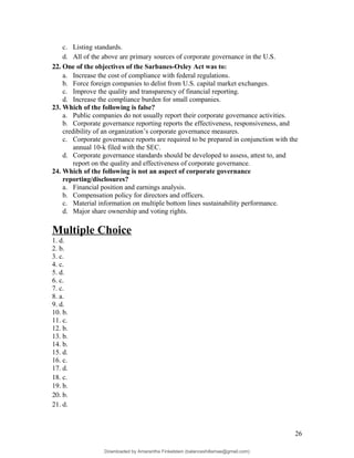 c. Listing standards.
d. All of the above are primary sources of corporate governance in the U.S.
22. One of the objectives of the Sarbanes-Oxley Act was to:
a. Increase the cost of compliance with federal regulations.
b. Force foreign companies to delist from U.S. capital market exchanges.
c. Improve the quality and transparency of financial reporting.
d. Increase the compliance burden for small companies.
23. Which of the following is false?
a. Public companies do not usually report their corporate governance activities.
b. Corporate governance reporting reports the effectiveness, responsiveness, and
credibility of an organization’s corporate governance measures.
c. Corporate governance reports are required to be prepared in conjunction with the
annual 10-k filed with the SEC.
d. Corporate governance standards should be developed to assess, attest to, and
report on the quality and effectiveness of corporate governance.
24. Which of the following is not an aspect of corporate governance
reporting/disclosures?
a. Financial position and earnings analysis.
b. Compensation policy for directors and officers.
c. Material information on multiple bottom lines sustainability performance.
d. Major share ownership and voting rights.
Multiple Choice
1. d.
2. b.
3. c.
4. c.
5. d.
6. c.
7. c.
8. a.
9. d.
10. b.
11. c.
12. b.
13. b.
14. b.
15. d.
16. c.
17. d.
18. c.
19. b.
20. b.
21. d.
26
Downloaded by Amarantha Finkelstein (balanceshillamae@gmail.com)
lOMoARcPSD|12099588
 