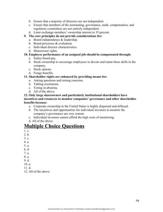 b. Ensure that a majority of directors are not independent.
c. Ensure that members of the nominating, governance, audit, compensation, and
regulatory committees are not entirely independent.
d. Limit exchange members’ ownership interest to 35 percent.
9. The core principles do not provide considerations for:
a. Board independence & leadership.
b. Board processes & evaluation.
c. Individual director characteristics.
d. Shareowner rights.
10. Employee performance of an assigned job should be compensated through:
a. Salary-based pay.
b. Stock ownership to encourage employees to devote and retain these skills in the
company.
c. Stock options.
d. Fringe benefits.
11. Shareholder rights are enhanced by providing means for:
a. Asking questions and raising concerns.
b. Tabling resolutions.
c. Voting in absentia.
d. All of the above.
12. Only large shareowners and particularly institutional shareholders have
incentives and resources to monitor companies’ governance and other shareholder
benefits because:
a. Corporate ownership in the United States is highly dispersed and diffused.
b. The incentives and opportunities for individual investors to monitor the
company’s governance are very remote.
c. Individual investors cannot afford the high costs of monitoring.
d. All of the above.
Multiple Choice Questions
1. c.
2. b.
3. c.
4. a.
5. a.
6. d.
7. a.
8. a.
9. d.
10. a.
11. d.
12. All of the above.
94
Downloaded by Amarantha Finkelstein (balanceshillamae@gmail.com)
lOMoARcPSD|12099588
 