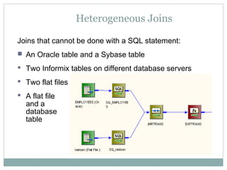 Heterogeneous Joins
Joins that cannot be done with a SQL statement:
 An Oracle table and a Sybase table
 Two Informix tables on different database servers
 Two flat files
 A flat file
and a
database
table
 