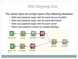 Mid-Mapping Join
The Joiner does not accept input in the following situations:
 Both input pipelines begin with the same Source Qualifier
 Both input pipelines begin with the same Normalizer
 Both input pipelines begin with the same Joiner
 Either input pipeline contains an Update Strategy
 