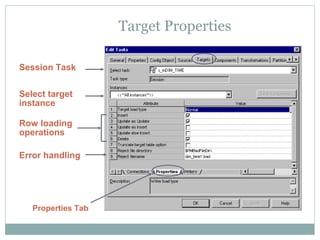 Target Properties
Session Task
Select target
instance
Row loading
operations
Error handling
Properties Tab
 