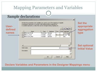 Mapping Parameters and Variables
Sample declarations
Declare Variables and Parameters in the Designer Mappings menu
Set the
appropriate
aggregation
type
Set optional
Initial Value
User-
defined
names
 