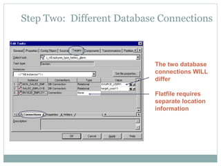 Step Two: Different Database Connections
The two database
connections WILL
differ
Flatfile requires
separate location
information
 
