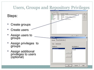 Users, Groups and Repository Privileges
Steps:
 Create groups
 Create users
 Assign users to
groups
 Assign privileges to
groups
 Assign additional
privileges to users
(optional)
 