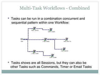Multi-Task Workflows - Combined
 Tasks can be run in a combination concurrent and
sequential pattern within one Workflow:
 Tasks shows are all Sessions, but they can also be
other Tasks such as Commands, Timer or Email Tasks
 
