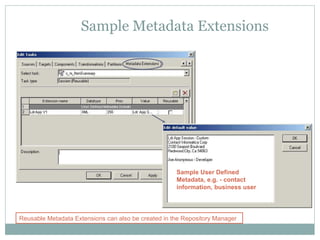 Sample Metadata Extensions
Sample User Defined
Metadata, e.g. - contact
information, business user
Reusable Metadata Extensions can also be created in the Repository Manager
 
