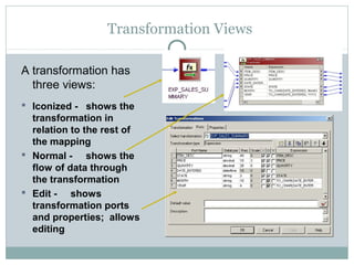 Transformation Views
A transformation has
three views:
 Iconized - shows the
transformation in
relation to the rest of
the mapping
 Normal - shows the
flow of data through
the transformation
 Edit - shows
transformation ports
and properties; allows
editing
 