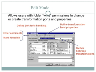 Edit Mode
Allows users with folder “write” permissions to change
or create transformation ports and properties
Switch
between
transformations
Define transformation
level properties
Define port level handling
Enter comments
Make reusable
 
