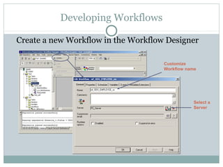 Developing Workflows
Create a new Workflow in the Workflow Designer
Customize
Workflow name
Select a
Server
 