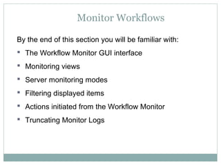 Monitor Workflows
By the end of this section you will be familiar with:
 The Workflow Monitor GUI interface
 Monitoring views
 Server monitoring modes
 Filtering displayed items
 Actions initiated from the Workflow Monitor
 Truncating Monitor Logs
 