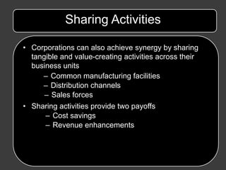 Sharing Activities

• Corporations can also achieve synergy by sharing
  tangible and value-creating activities across their
  business units
     – Common manufacturing facilities
     – Distribution channels
      – Sales forces
• Sharing activities provide two payoffs
      – Cost savings
      – Revenue enhancements
 