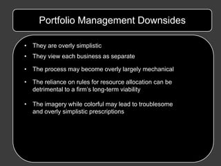 Portfolio Management Downsides

• They are overly simplistic
• They view each business as separate

• The process may become overly largely mechanical

• The reliance on rules for resource allocation can be
  detrimental to a firm’s long-term viability

• The imagery while colorful may lead to troublesome
  and overly simplistic prescriptions
 