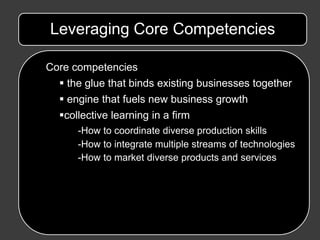 Leveraging Core Competencies

Core competencies
   the glue that binds existing businesses together
   engine that fuels new business growth
  collective learning in a firm
      -How to coordinate diverse production skills
      -How to integrate multiple streams of technologies
      -How to market diverse products and services
 