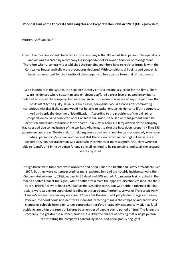 Corporate manslaughter and corporate homicide act 2007 uk legal syst 