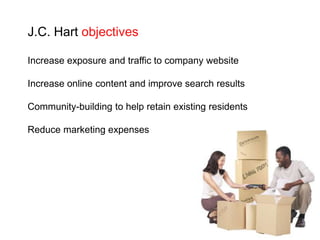 J.C. Hart objectivesIncrease exposure and traffic to company websiteIncrease online content and improve search resultsCommunity-building to help retain existing residentsReduce marketing expenses