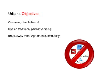 Urbane ObjectivesOne recognizable brandUse no traditional paid advertisingBreak away from “Apartment Commodity”