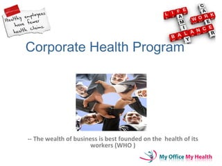 Corporate Health Program
-- The wealth of business is best founded on the health of its
workers (WHO )
 
