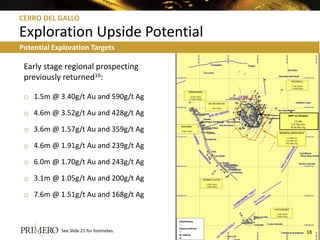 Early stage regional prospecting
previously returned16:
o 1.5m @ 3.40g/t Au and 590g/t Ag
o 4.6m @ 3.52g/t Au and 428g/t Ag
o 3.6m @ 1.57g/t Au and 359g/t Ag
o 4.6m @ 1.91g/t Au and 239g/t Ag
o 6.0m @ 1.70g/t Au and 243g/t Ag
o 3.1m @ 1.05g/t Au and 200g/t Ag
o 7.6m @ 1.51g/t Au and 168g/t Ag
Potential Exploration Targets
CERRO DEL GALLO
Exploration Upside Potential
18See Slide 21 for footnotes.
 