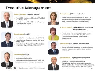 Joseph F. Conway | President & C.E.O.1
o Former CEO, President and Director of IAMGOLD
from 2003 to 2010
o Former President, CEO and Director of Repadre
Capital from 1995 to 2003
Renaud Adams | C.O.O.
o Former SVP, American Operations for IAMGOLD
o Former General Manager of Rosebel Gold Mine
2007 to 2010
o Former General Manager El Toqui Mine in Chile
and then the El Mochito Mine in Honduras
David Blaiklock | C.F.O.
o Former controller IntraWest
o Previously controller for a number of public and
private companies in real estate development
David Sandison | VP, Corporate Development
o Former VP, Corporate Development of
Clarity Capital ; Director, Corporate Development
Xstrata Zinc Canada ; Director Business Development,
Noranda/Falconbridge;;Former EVP, Noranda Chile
Gabriel Voicu | VP, Geology and Exploration
o 25 Years of mining experience, formerly held senior
technical and exploration positions with Cambior
and Iamgold
Board Committees: 1.Health, Safety and Environment
Tamara Brown | VP, Investor Relations
o Former Director Investor Relations for IAMGOLD;
Partner of a Toronto based, boutique investment
bank; Professional engineer in mining industry
H. Maura Lendon | VP, Chief General Counsel and
Corporate Secretary
o Former Senior Vice President, Chief Legal Officer
and Corporate Secretary of HudBay Minerals Inc.;
Chief Counsel Canada, Chief Privacy Officer -
Canada of AT&T
Executive Management
25
 