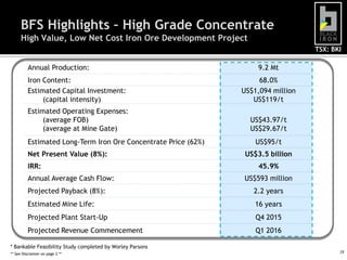 TSX: BKI
BFS Highlights – High Grade Concentrate
High Value, Low Net Cost Iron Ore Development Project
19
Annual Production: 9.2 Mt
Iron Content: 68.0%
Estimated Capital Investment:
(capital intensity)
US$1,094 million
US$119/t
Estimated Operating Expenses:
(average FOB)
(average at Mine Gate)
US$43.97/t
US$29.67/t
Estimated Long-Term Iron Ore Concentrate Price (62%) US$95/t
Net Present Value (8%): US$3.5 billion
IRR: 45.9%
Annual Average Cash Flow: US$593 million
Projected Payback (8%): 2.2 years
Estimated Mine Life: 16 years
Projected Plant Start-Up Q4 2015
Projected Revenue Commencement Q1 2016
** See Disclaimer on page 2 **
* Bankable Feasibility Study completed by Worley Parsons
 