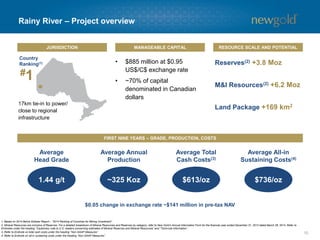 10 
Rainy River –Project overview 
1. Based on 2014 BehreDolbearReport –“2014 Ranking of Countries for Mining Investment”. 
2. Mineral Resources are inclusive of Reserves. For a detailed breakdown of Mineral Resources and Reserves by category, refer to New Gold’sAnnual Information Form for the financial year ended December 31, 2013 dated March 28, 2014. Refer to Endnotes under the heading “Cautionary note to U.S. readers concerning estimates of Mineral Reserves and Mineral Resources” and “Technical Information”. 
3. Refer to Endnote on total cash costs under the heading “Non-GAAP Measures”. 
4. Refer to Endnote on all-in sustaining costs under the heading “Non-GAAP Measures”. 
1.44 g/t 
~325 Koz 
$613/oz 
$736/oz 
FIRST NINE YEARS –GRADE, PRODUCTION, COSTS 
JURISDICTION 
MANAGEABLE CAPITAL 
RESOURCE SCALE AND POTENTIAL 
Ontario, Canada 
17km tie-in to power/ close to regional infrastructure 
•$885 million at $0.95 US$/C$ exchange rate 
•~70% of capital denominated in Canadian dollars 
Reserves(2)+3.8 Moz 
M&I Resources(2)+6.2 Moz 
Land Package +169 km2 
Average 
Head Grade 
Average Annual Production 
Average Total 
Cash Costs(3) 
Average All-in Sustaining Costs(4) 
Country Ranking(1) 
$0.05 change in exchange rate ~$141 million in pre-tax NAV 
#1  