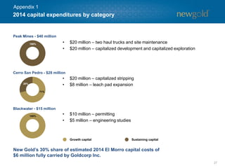 27 
Peak Mines -$40 million 
Cerro San Pedro -$28 million 
100% 
71% 
•$20 million –two haul trucks and site maintenance 
•$20 million –capitalized development and capitalized exploration 
•$20 million –capitalized stripping 
•$8 million –leach pad expansion 
2014 capital expenditures by category 
Growth capital 
Sustaining capital 
New Gold’s 30% share of estimated 2014 El Morro capital costs of 
$6 million fully carried by Goldcorp Inc. 
Blackwater -$15 million 
100% 
•$10 million –permitting 
•$5 million –engineering studies 
29% 
Appendix 1  