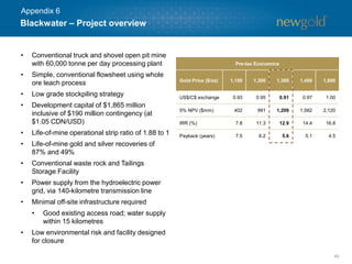 46 
•Conventional truck and shovel open pit mine with 60,000 tonne per day processing plant 
•Simple, conventional flowsheetusing whole ore leach process 
•Low grade stockpiling strategy 
•Development capital of $1,865 million inclusive of $190 million contingency (at $1.05 CDN/USD) 
•Life-of-mine operational strip ratio of 1.88 to 1 
•Life-of-mine gold and silver recoveries of 87% and 49% 
•Conventional waste rock and Tailings Storage Facility 
•Power supply from the hydroelectric power grid, via 140-kilometre transmission line 
•Minimal off-site infrastructure required 
•Good existing access road; water supply within 15 kilometres 
•Low environmental risk and facility designed for closure 
Blackwater –Project overview 
Appendix 6 
Pre-tax Economics 
Gold Price ($/oz) 
1,150 
1,300 
1,300 
1,450 
1,600 
US$/C$ exchange 
0.93 
0.95 
0.91 
0.97 
1.00 
5% NPV ($mm) 
402 
991 
1,209 
1,582 
2,120 
IRR (%) 
7.8 
11.3 
12.9 
14.4 
16.8 
Payback (years) 
7.5 
6.2 
5.6 
5.1 
4.5  