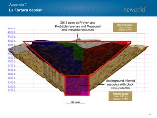 48 
2013 open pit Proven and Probable reserves and Measured and Indicated resources 
UndergroundInferredresourcewithblock cave potential 
500 metres 
La Fortuna deposit 
Appendix 7 
Reserve Grade 
Gold: 0.46 g/t 
Copper: 0.49% 
Inferred Grade 
Gold: 0.97 g/t 
Copper: 0.78%  
