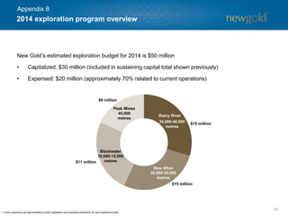 50 
New Gold’s estimated exploration budget for 2014 is $50 million 
•Capitalized: $30 million (included in sustaining capital total shown previously) 
•Expensed: $20 million (approximately 70% related to current operations) 
New Afton 
30,000-35,000 metres 
Peak Mines 
45,000 
metres 
Blackwater 
10,000-15,000 metres 
2014 exploration program overview 
Rainy River 
35,000-40,000 metres 
1. Circle proportions are representative of both capitalized and expensed exploration for each respective asset. 
Appendix 8 
$15 million 
$15 million 
$11 million 
$9 million  