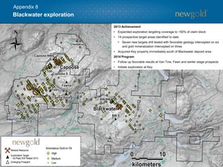 Blackwater exploration 
52 
2013 Achievement 
•Expanded exploration targeting coverage to ~50% of claim block 
•14 prospective target areas identified to date 
•Seven new targets drill tested with favorable geology intercepted on six and gold mineralization intercepted on three 
•Acquired Key property immediately south of Blackwater deposit area 
2014 Program 
•Follow up favorable results at Van Tine, Fawn and earlier stage prospects 
•Initiate exploration at Key 
Appendix 8  