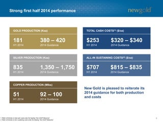 6 
1. Refer to Endnote on total cash costs under the heading “Non-GAAP Measures”. 
2. Refer to Endnote on all-in sustaining costs under the heading “Non-GAAP Measures”. 
Strong first half 2014 performance 
New Gold is pleased to reiterate its 2014 guidance for both production and costs 
GOLD PRODUCTION (Koz) 
181H1 2014 
380 –4202014 Guidance 
SILVER PRODUCTION (Koz) 
835H1 2014 
1,350 –1,7502014 Guidance 
COPPER PRODUCTION (Mlbs) 
51H1 2014 
92 –1002014 Guidance 
TOTAL CASH COSTS(1)($/oz) 
$253H1 2014 
$320 –$3402014 Guidance 
ALL-IN SUSTAINING COSTS(2)($/oz) 
$707H1 2014 
$815 –$8352014 Guidance  