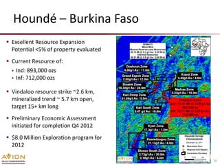 Houndé – Burkina Faso
 Excellent Resource Expansion
  Potential <5% of property evaluated
 Current Resource of:
   Ind: 893,000 ozs
   Inf: 712,000 ozs


 Vindaloo resource strike ~2.6 km,
  mineralized trend ~ 5.7 km open,
  target 15+ km long
 Preliminary Economic Assessment
  initiated for completion Q4 2012
 $8.0 Million Exploration program for
  2012

                                         TSX: AVR   16
 