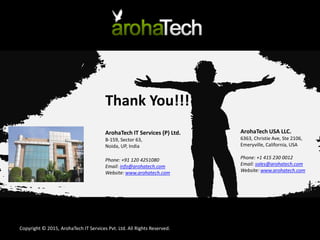 Thank You!!!
ArohaTech IT Services (P) Ltd.
B-159, Sector 63,
Noida, UP, India
Phone: +91 120 4251080
Email: info@arohatech.com
Website: www.arohatech.com
Copyright © 2015, ArohaTech IT Services Pvt. Ltd. All Rights Reserved.
ArohaTech USA LLC.
6363, Christie Ave, Ste 2106,
Emeryville, California, USA
Phone: +1 415 230 0012
Email: sales@arohatech.com
Website: www.arohatech.com
 