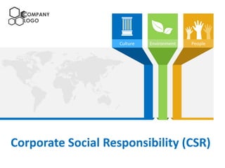 COMPANY
LOGO

Culture

Environment

People

Corporate Social Responsibility (CSR)

 