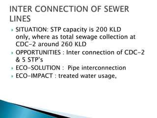    SITUATION: STP capacity is 200 KLD
    only, where as total sewage collection at
    CDC-2 around 260 KLD
   OPPORTUNITIES : Inter connection of CDC-2
    & 5 STP’s
   ECO-SOLUTION : Pipe interconnection
   ECO-IMPACT : treated water usage,
 